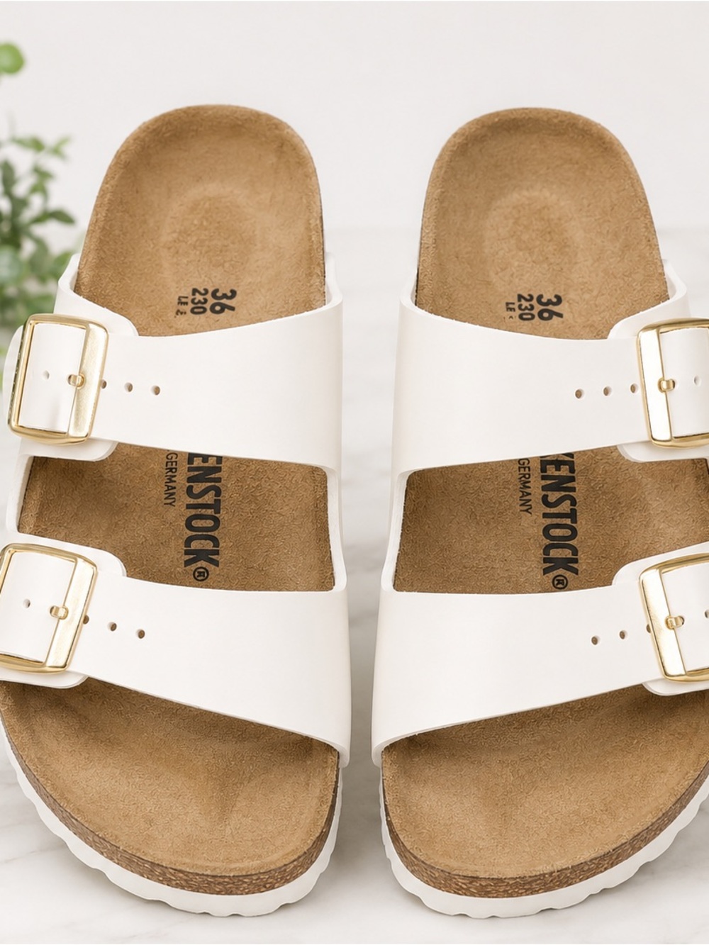 Birkenstock Arizona Sandals in Pearl White with Gold Buckles